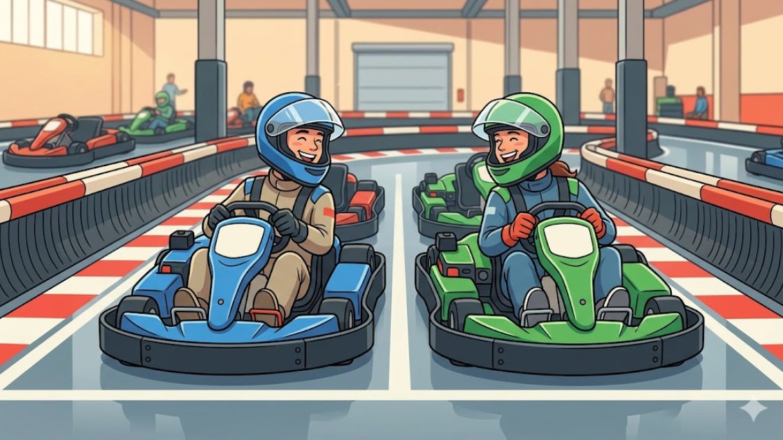 Two friends go karting in Berlin, side by side in helmets on an indoor track