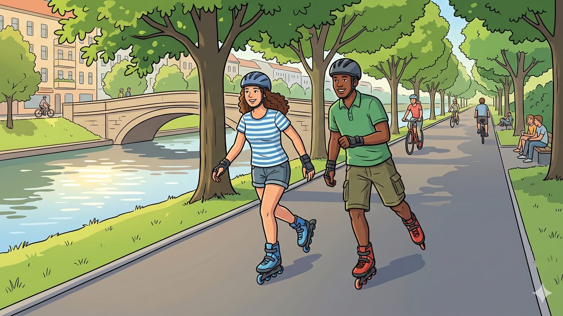 Two skaters rolling along a smooth tree-lined Berlin canal path on a sunny afternoon