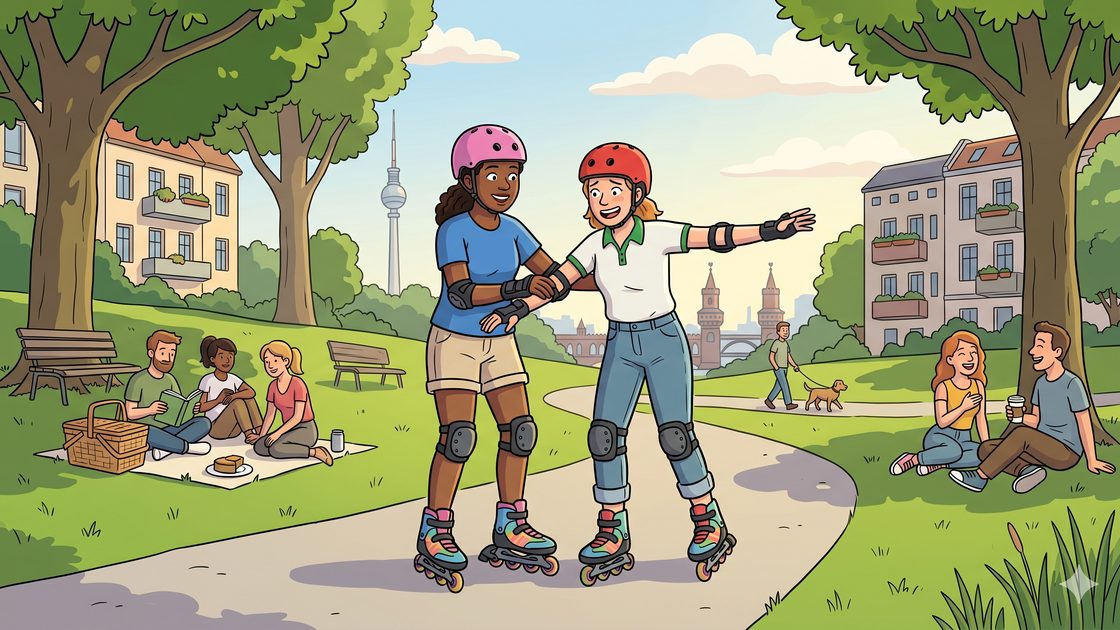 A skater helping a friend find their balance on wheels in a Berlin park