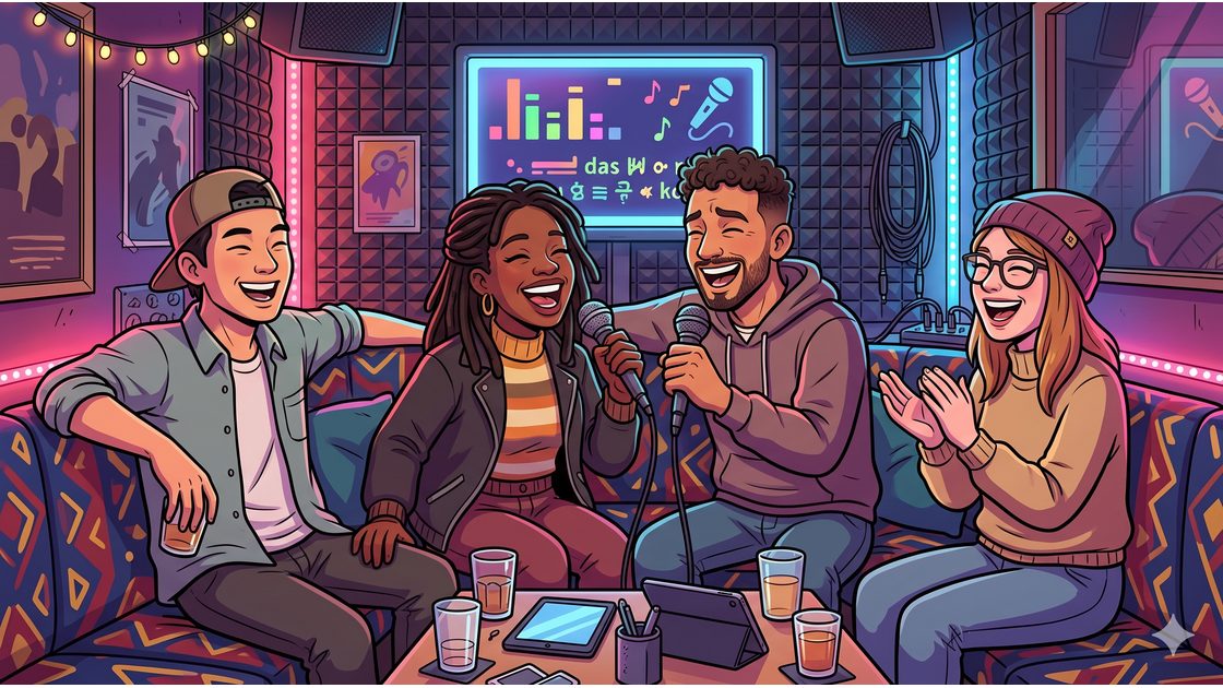 Friends laughing inside a private karaoke booth, two microphones and a glowing lyrics screen