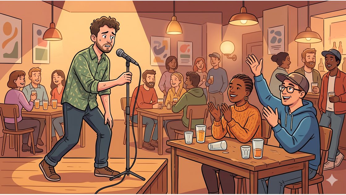 A first-time singer steps up to an open-mic microphone in a cosy Berlin bar as friends clap