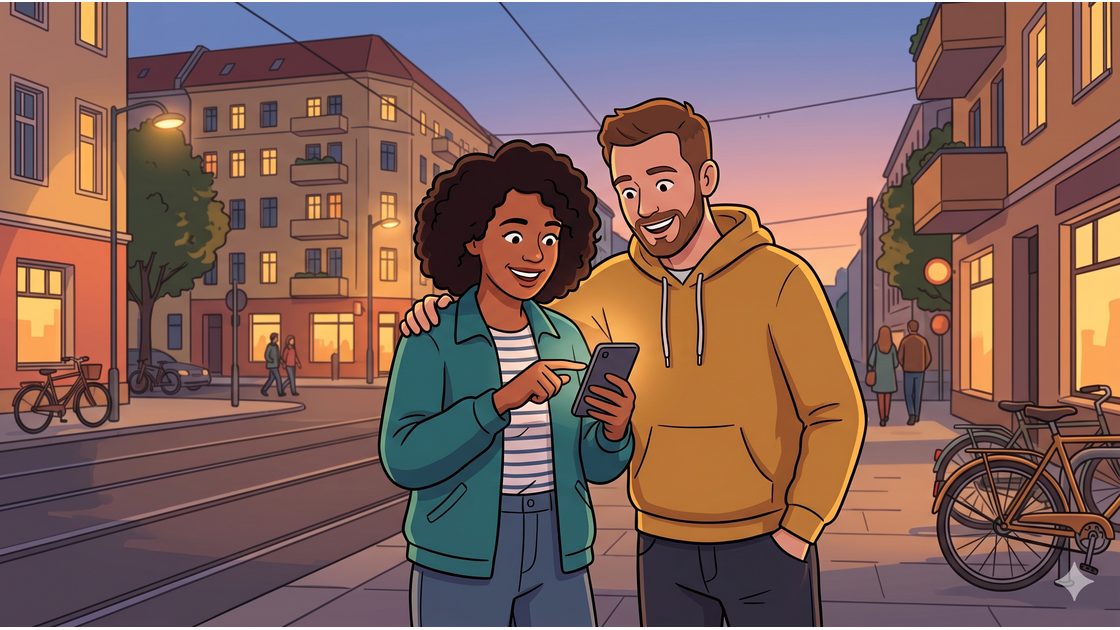 Two friends on a Friedrichshain street at dusk looking at a phone, planning a night out