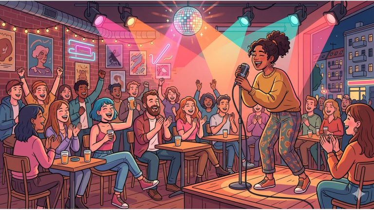 Karaoke in Berlin: a woman singing on a small bar stage as the crowd cheers her on