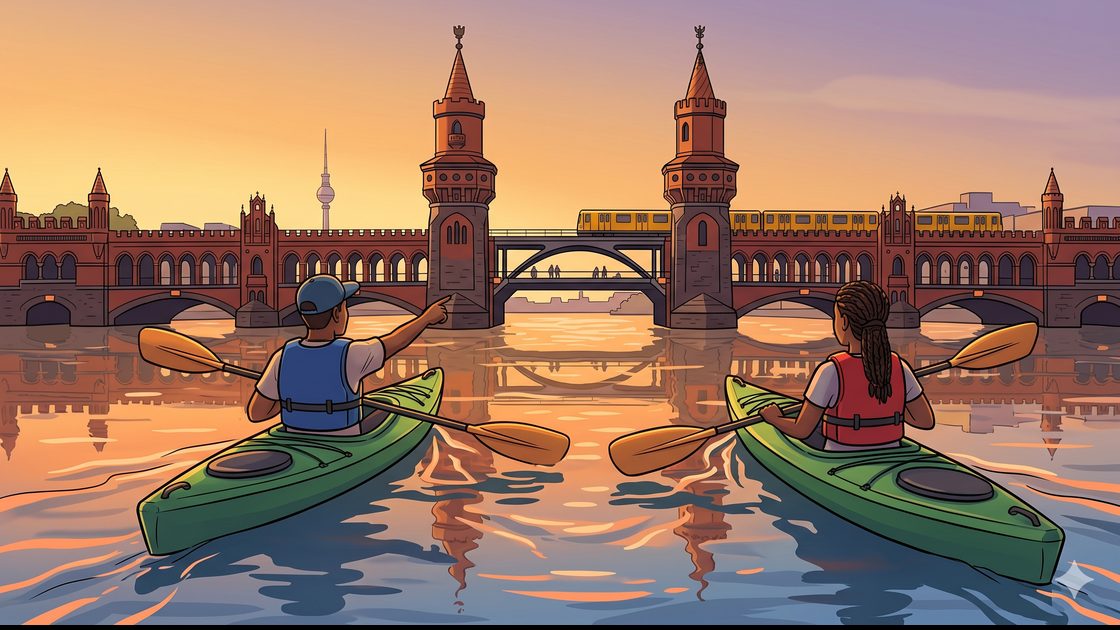 Two paddlers approaching the Oberbaumbrücke brick arches on the river Spree