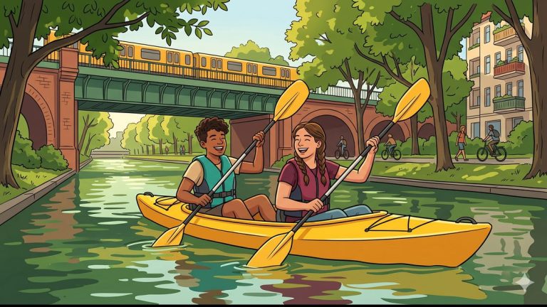 Two friends kayaking in Berlin on the tree-lined Landwehrkanal in summer