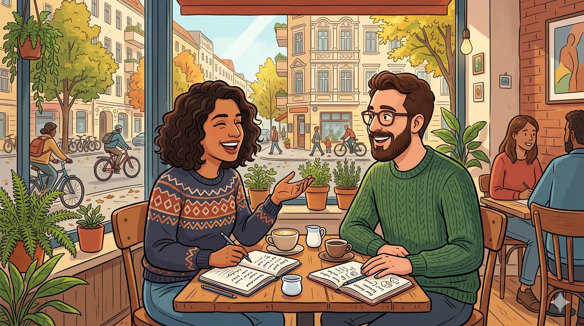 Two friends at a Berlin cafe table doing a language exchange with notebooks and coffee