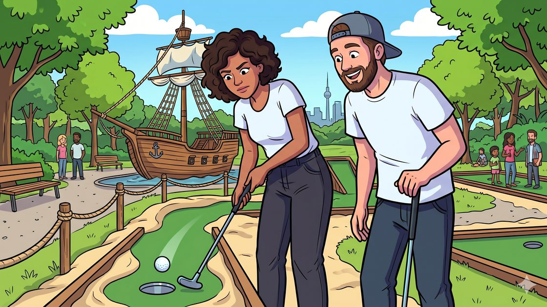Friends playing themed pirate-ship adventure mini golf on a sunny day near Berlin