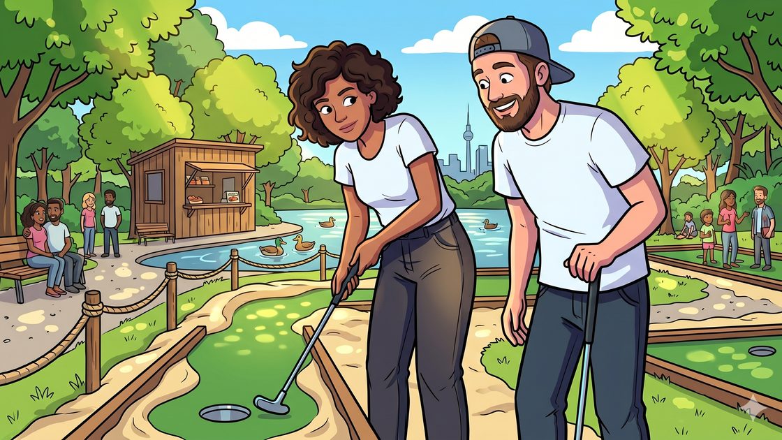 Mini golf lane beside a small Berlin lake with a snack-bar kiosk in summer