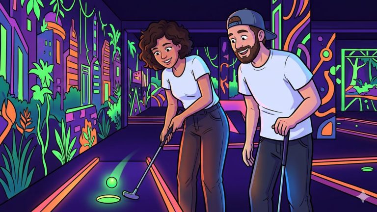 Two friends putting on a glowing blacklight mini golf course in Berlin