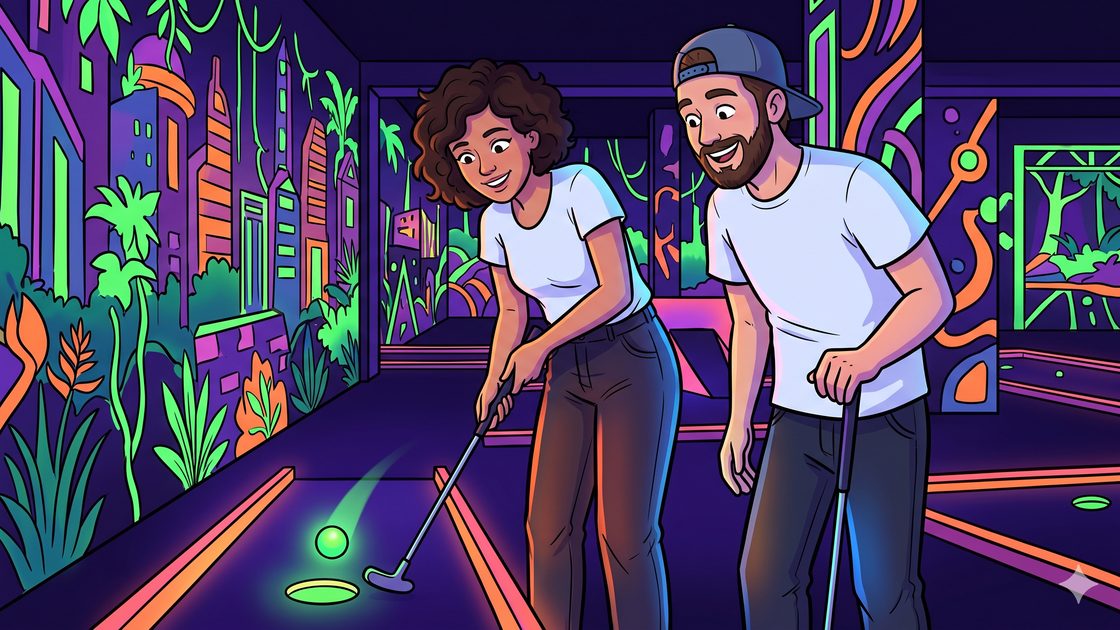 Two friends putting on a glowing blacklight mini golf course in Berlin