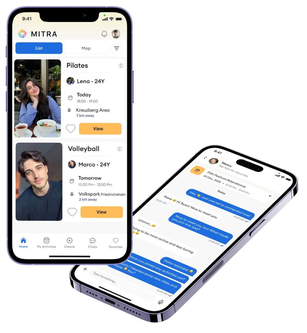 The Mitra app — activity feed and in-app chat