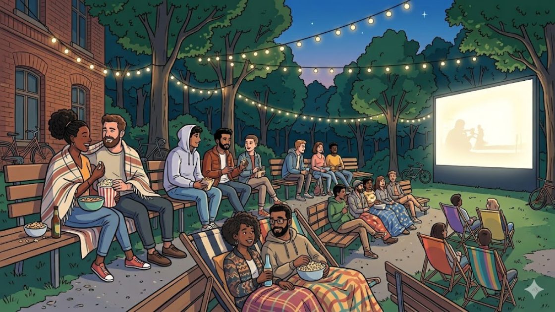 Friends relaxing in deck chairs in a leafy Kreuzberg courtyard open air cinema at night