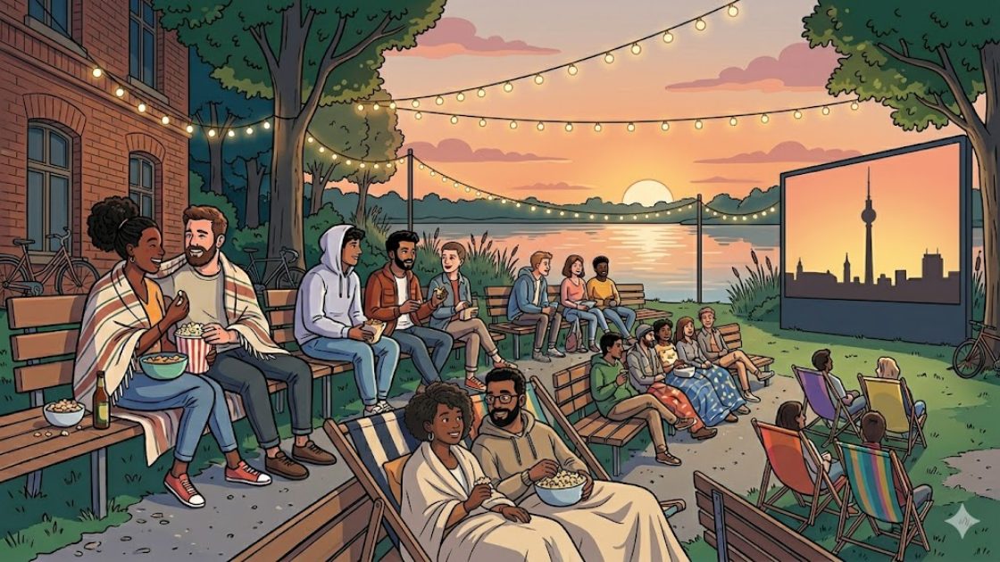 Two people watching an outdoor film on deck chairs beside a Berlin lake at sunset