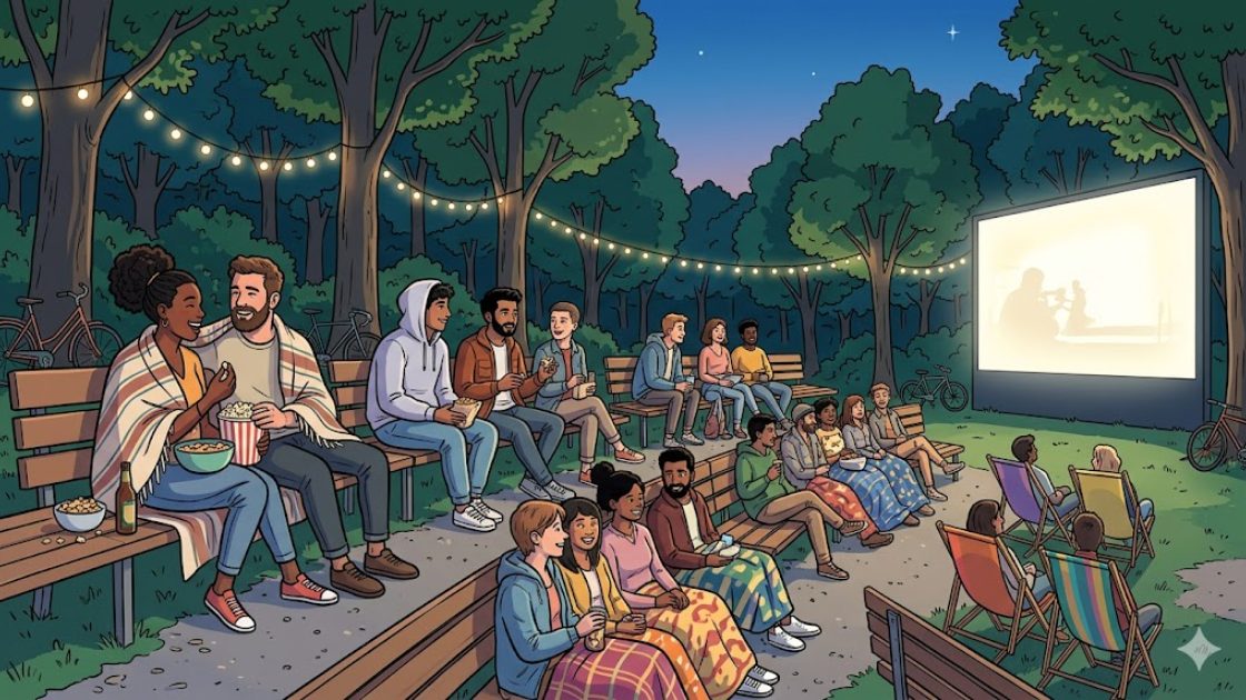 Young adults on deck chairs watching a glowing open air cinema screen in a Berlin park at dusk