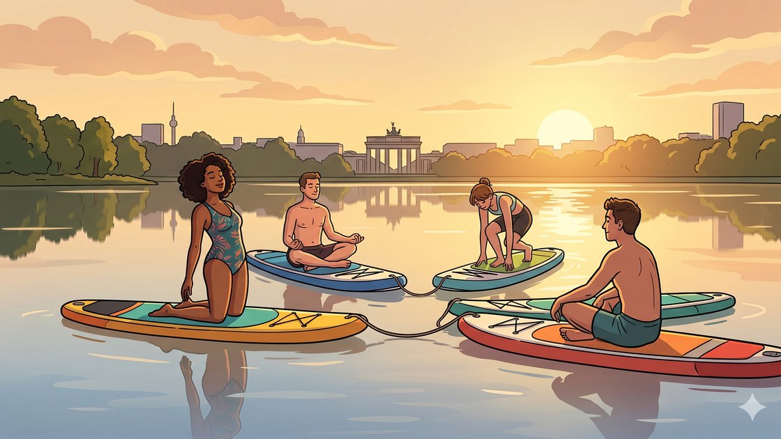 A small group practising SUP yoga balanced on anchored paddleboards on a Berlin lake