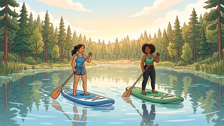 Two friends paddleboarding side by side on a calm Berlin forest lake in the morning