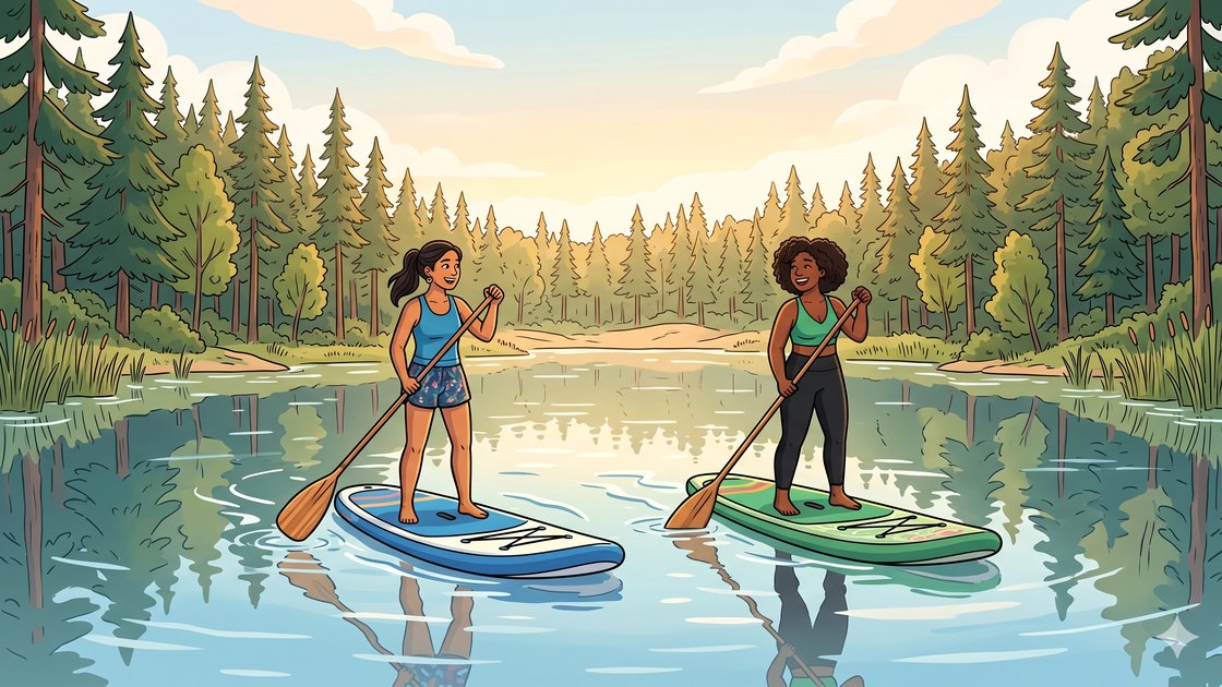 Two friends paddleboarding side by side on a calm Berlin forest lake in the morning