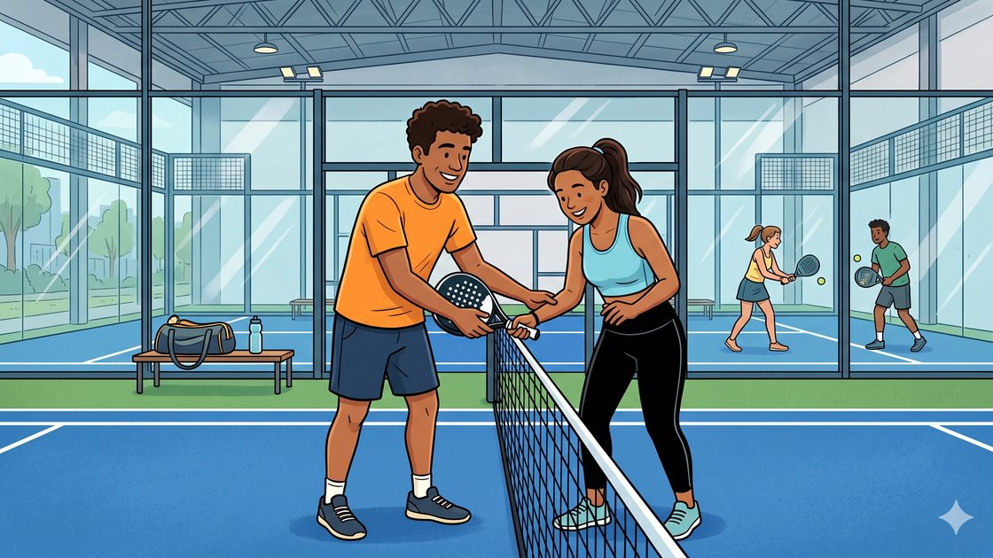 A coach showing a beginner how to hold a padel racket at the net on a Berlin court