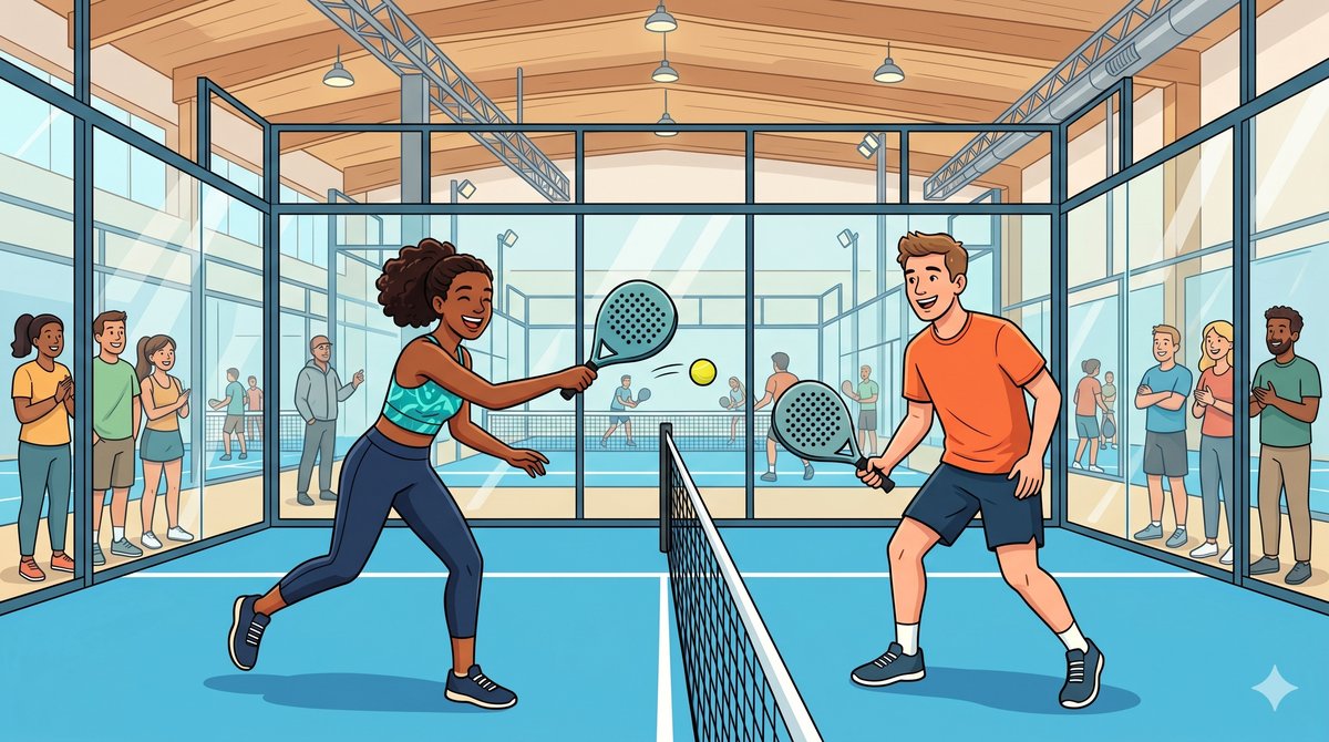 Padel in Berlin for beginners: two friends playing on an indoor glass court