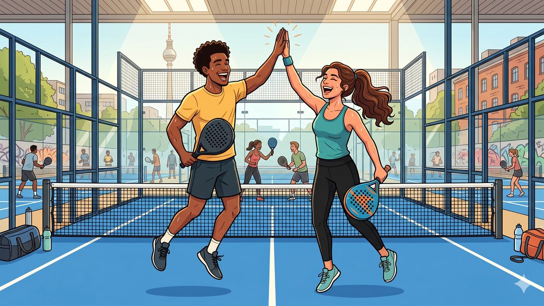 Two friends high-fiving and celebrating a point during a padel match in Berlin