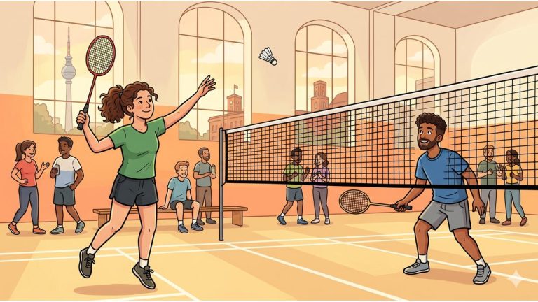 Two friends playing badminton on an indoor court in a Berlin sports hall