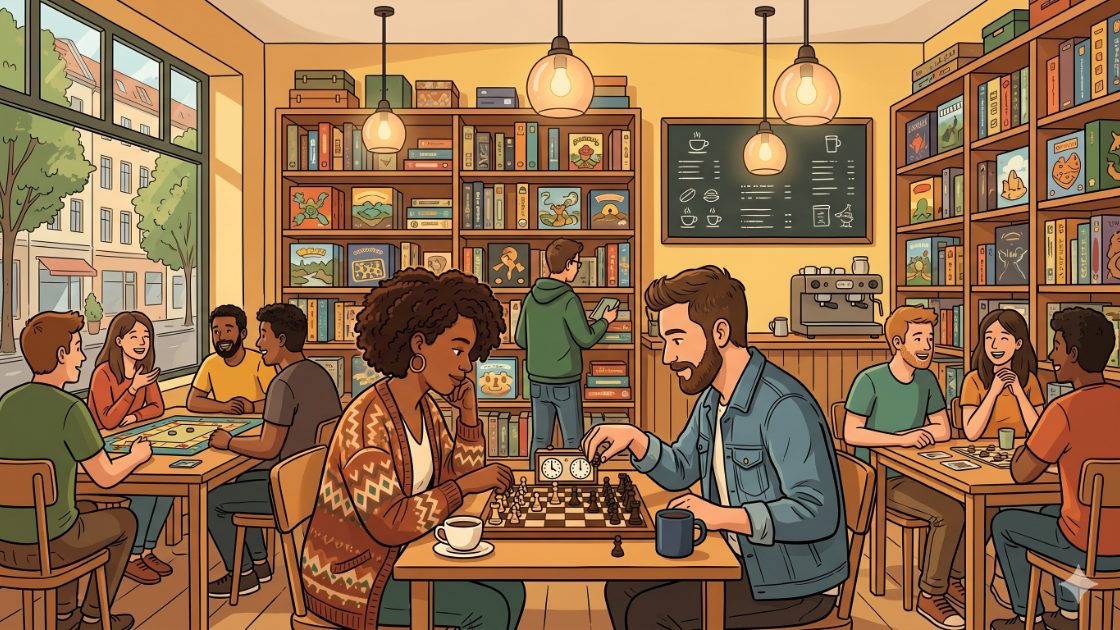 Two people mid chess game over coffee in a cosy board-game café