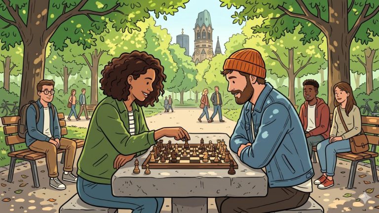 Two friends playing chess on an outdoor stone table in a Berlin park