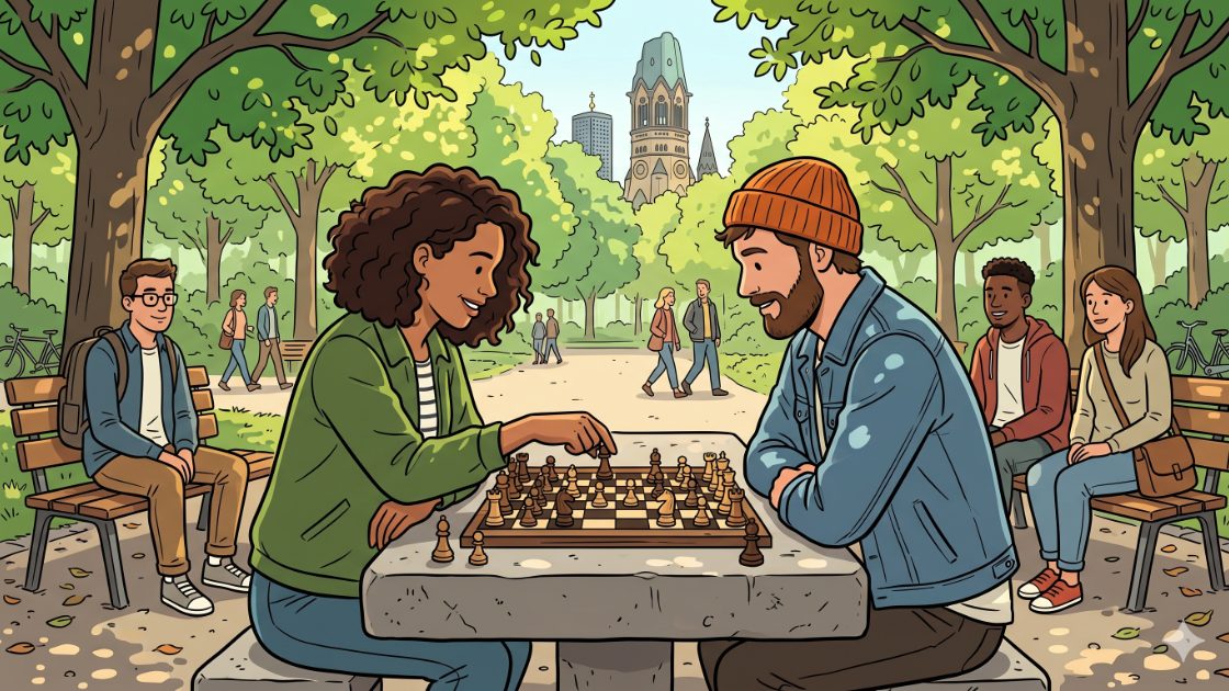 Two friends playing chess on an outdoor stone table in a Berlin park