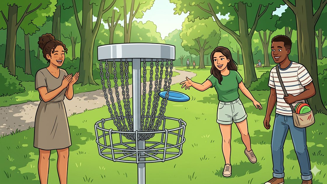 A player putting a disc into a steel chain basket on a sunny Berlin park course