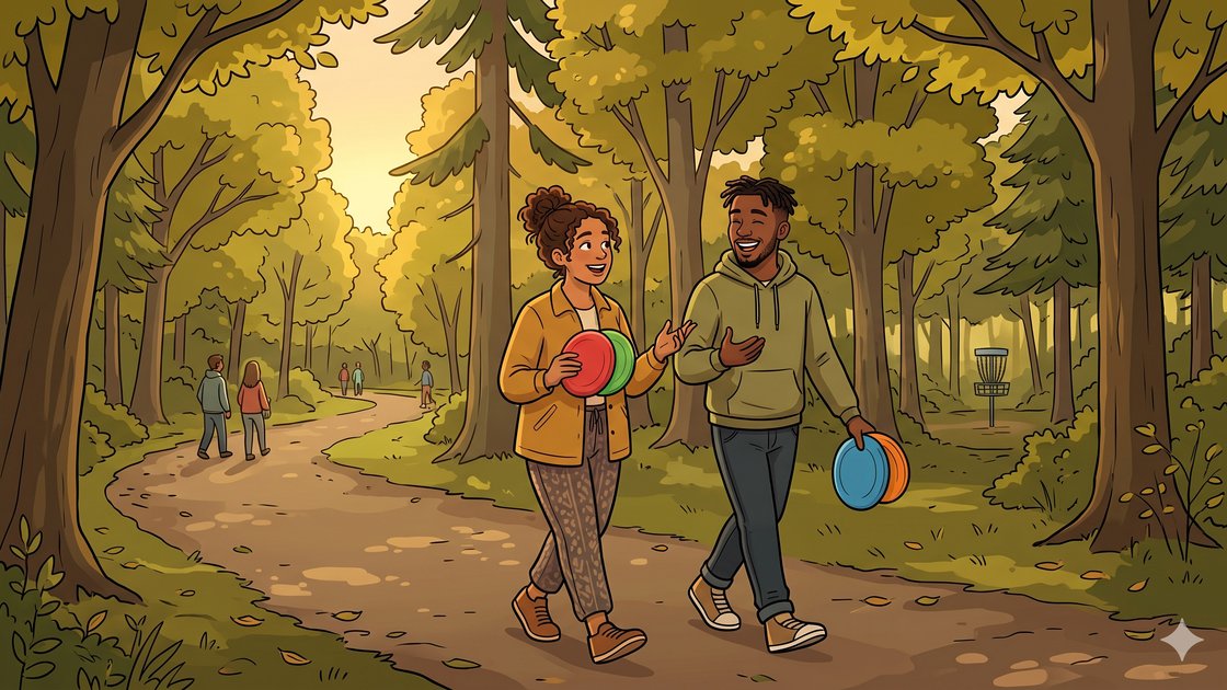Two friends walking between holes with discs on a forest disc golf course in Berlin