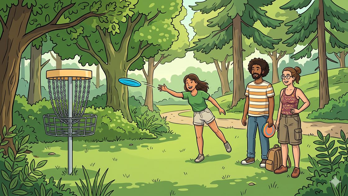 Disc golf in Berlin: friends throwing toward a chain basket in a wooded Wedding park