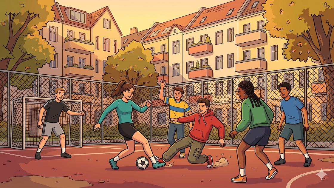 Young adults play football in Berlin inside a fenced neighbourhood cage court