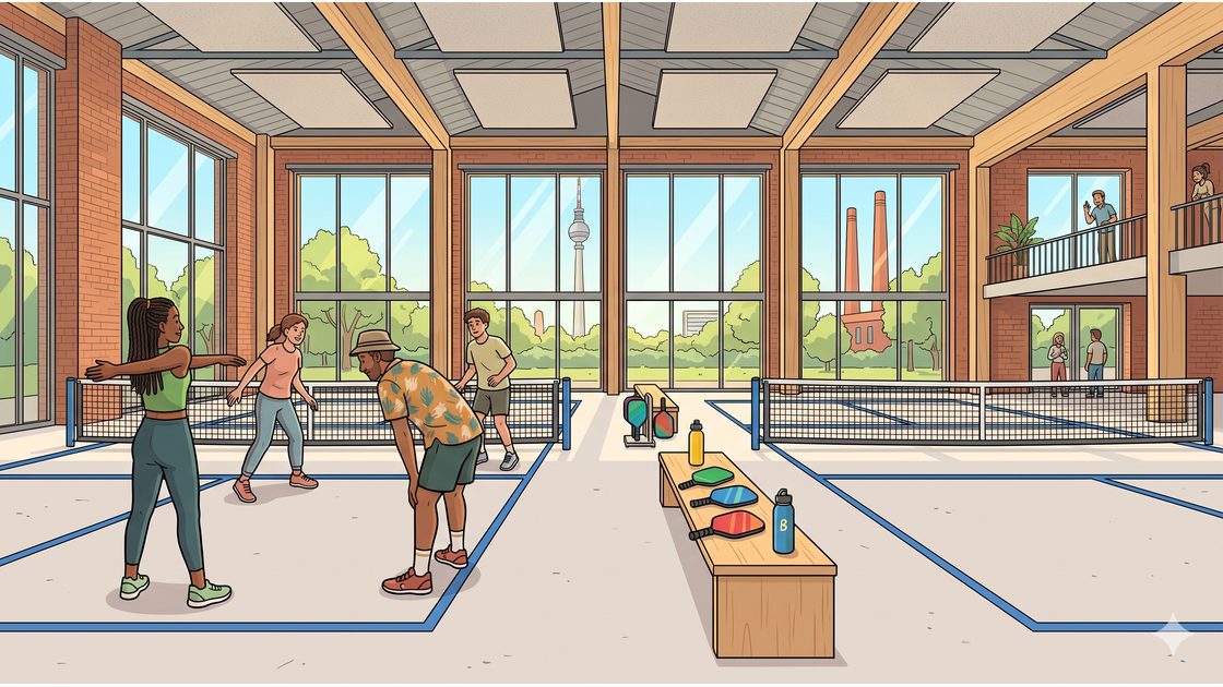 Indoor pickleball courts at a Berlin centre with players warming up before a session