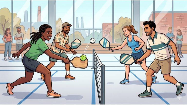 Four young adults playing doubles pickleball on an indoor court in Berlin