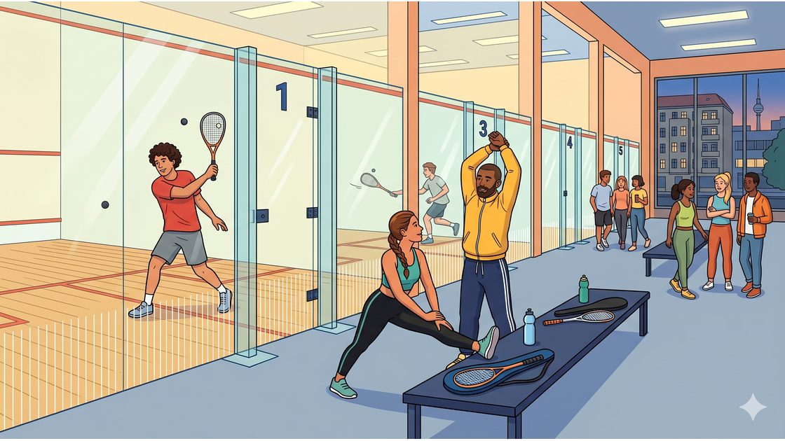 A row of glass-backed indoor squash courts at a Berlin squash centre with players warming up