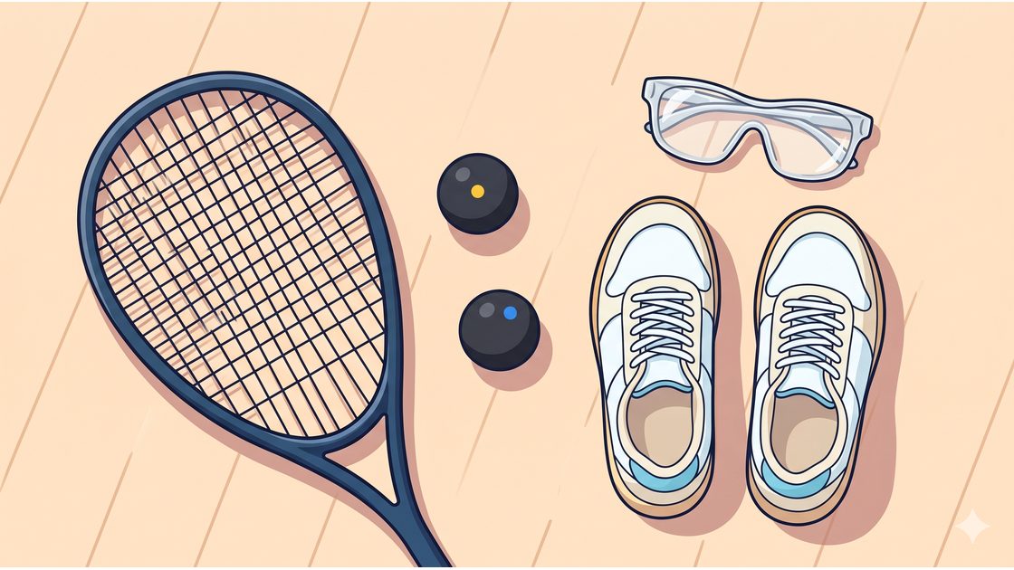 Squash gear laid out on a court floor: racket, two balls, court shoes and protective goggles