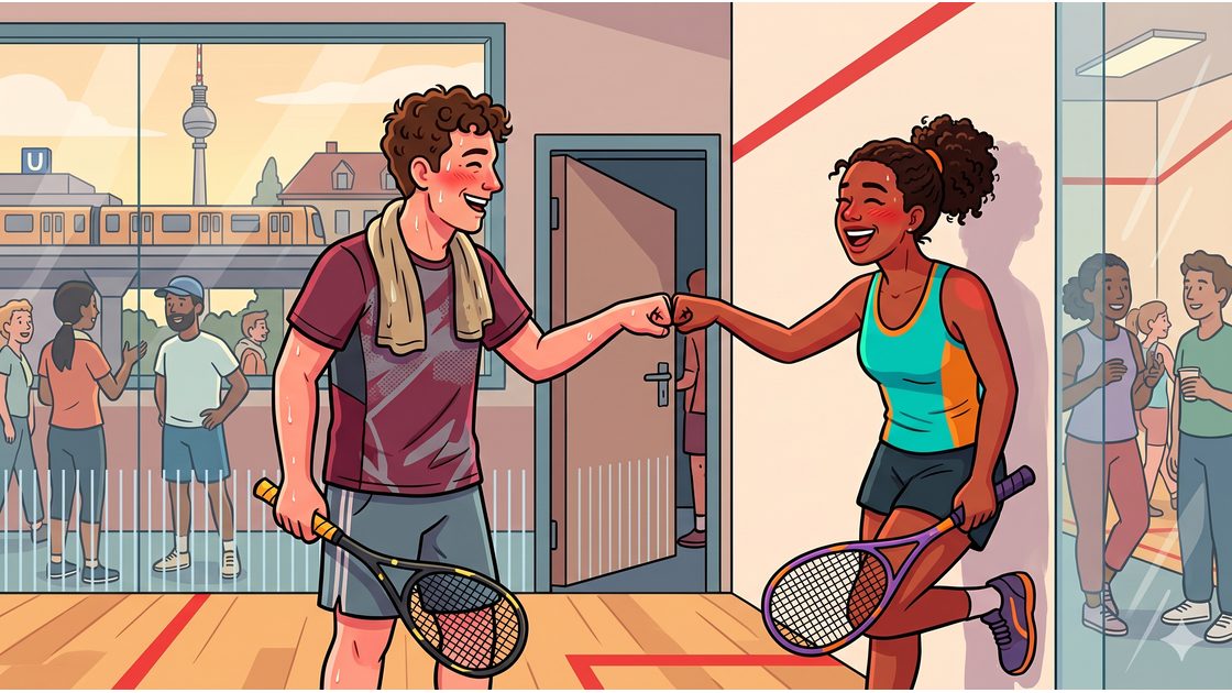 Two squash partners fist-bumping and laughing after a hard game on a Berlin court