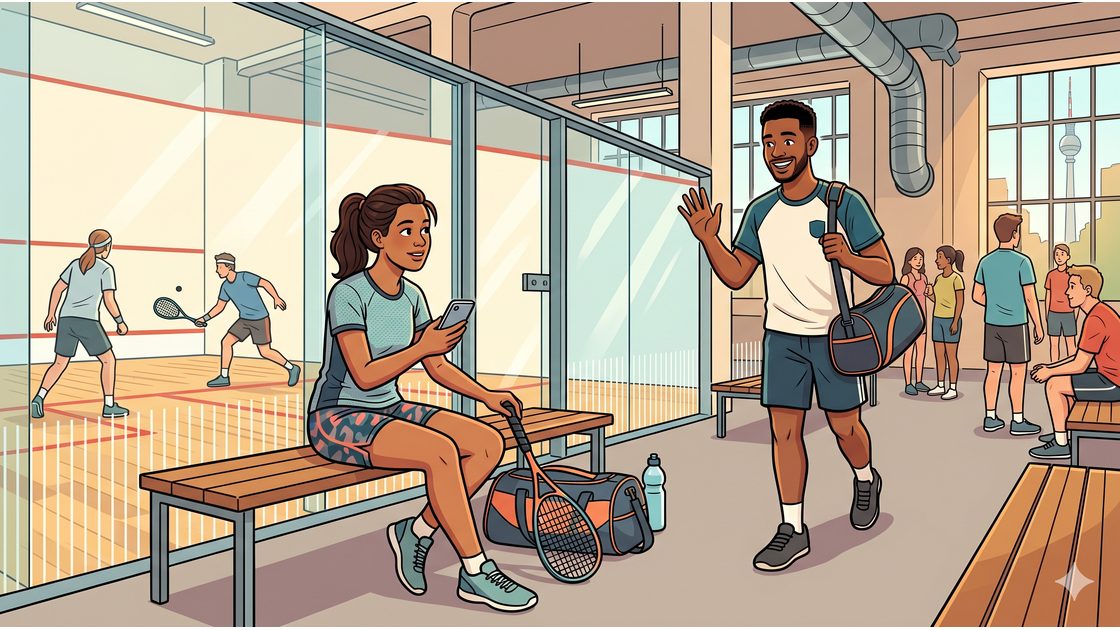 A player on a courtside bench checks a phone to arrange a squash game as another waves hello