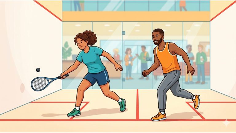 Two players mid-rally on an enclosed indoor squash court in Berlin with a glass back wall