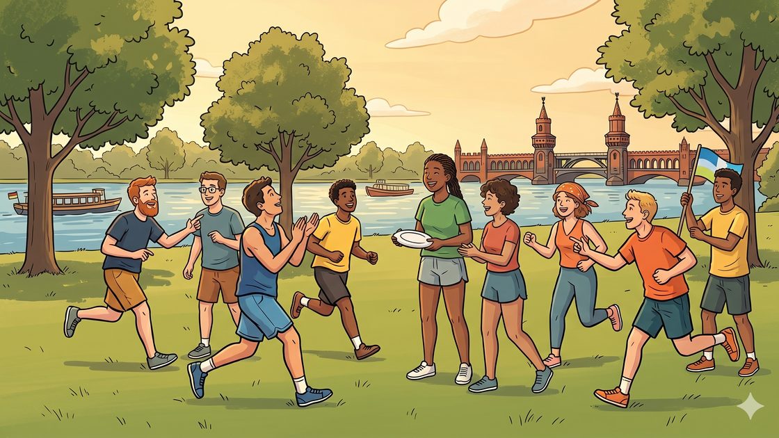 Mixed group splitting into teams for a pickup frisbee game on park grass by a river