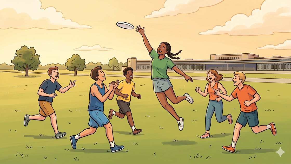 Young adults playing ultimate frisbee, one leaping to catch the disc on an open Berlin field