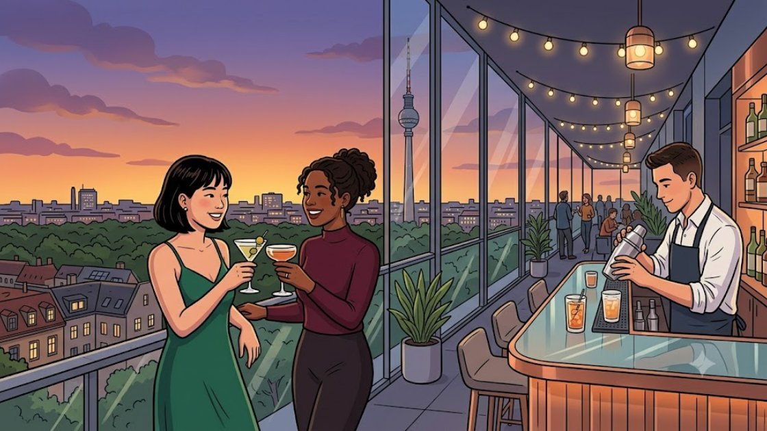 Two friends with cocktails on a glass-walled hotel terrace overlooking Berlin's Tiergarten at dusk