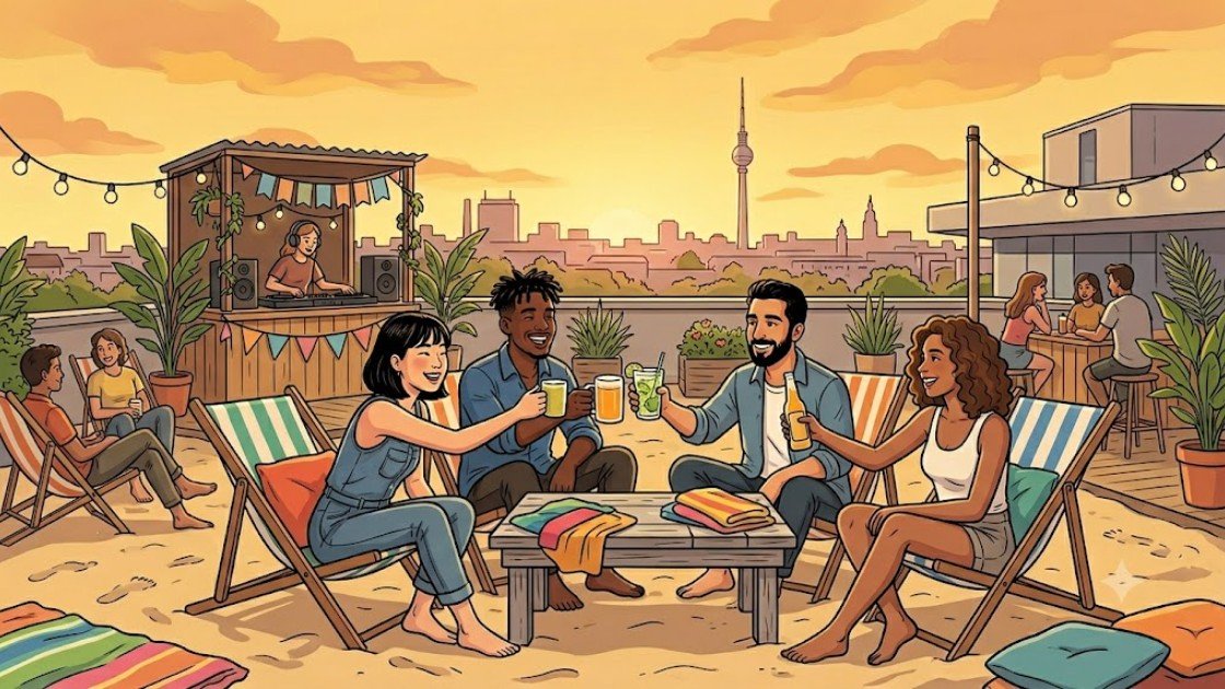 Young adults toasting on a sandy rooftop beach bar with deckchairs at golden hour