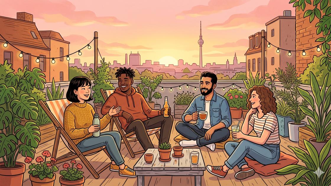 Rooftop bars in Berlin: friends with drinks on a Neukölln roof garden at sunset