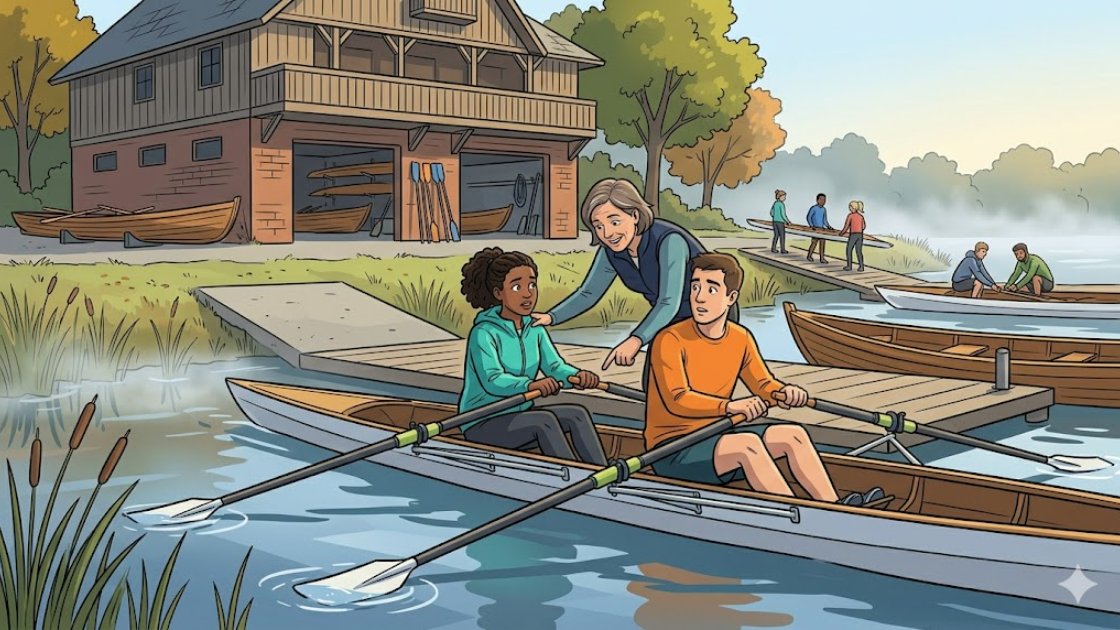 Two beginners learning the rowing stroke in a wide gig boat with a coach in Berlin