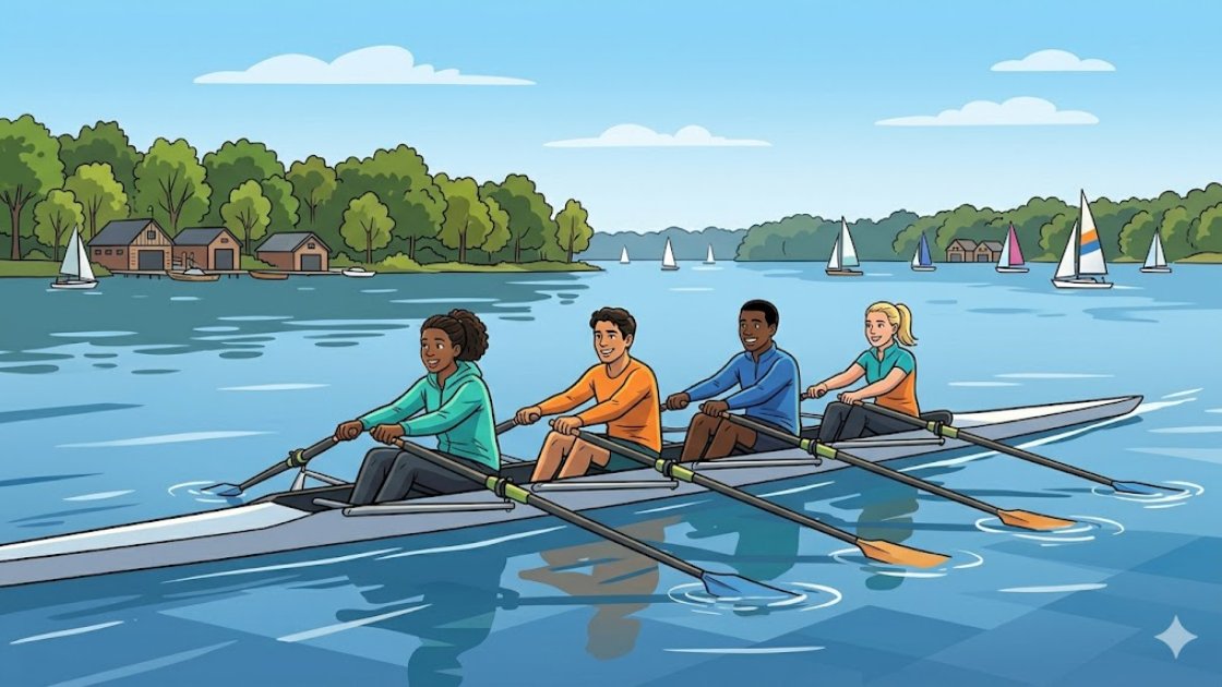 Four-person rowing crew gliding across the Wannsee in Berlin, oars catching together