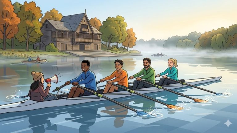 Coxed rowing crew pulling together on the Langer See at Grünau, Berlin, morning light