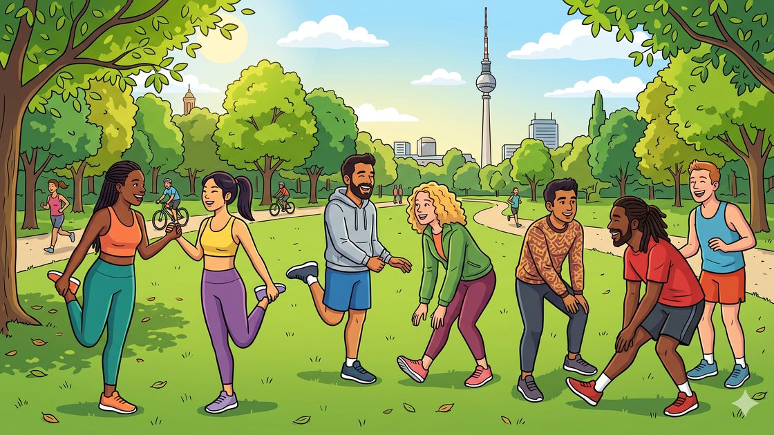A friendly Berlin run club warming up and stretching together in a leafy park