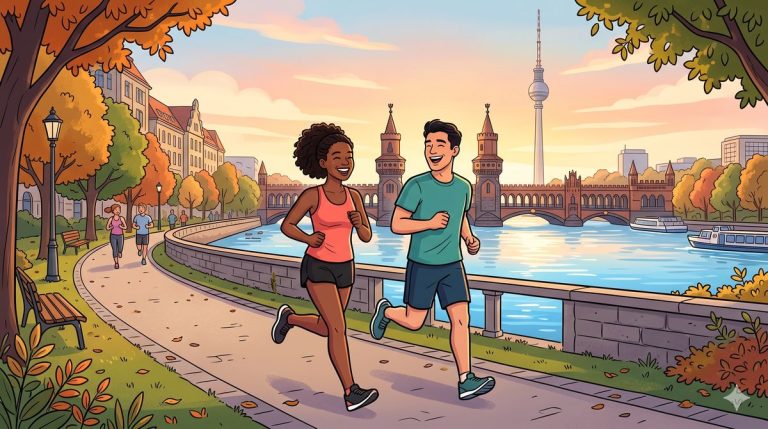 Running partner in Berlin: two friends jogging along the Spree by the Oberbaumbruecke