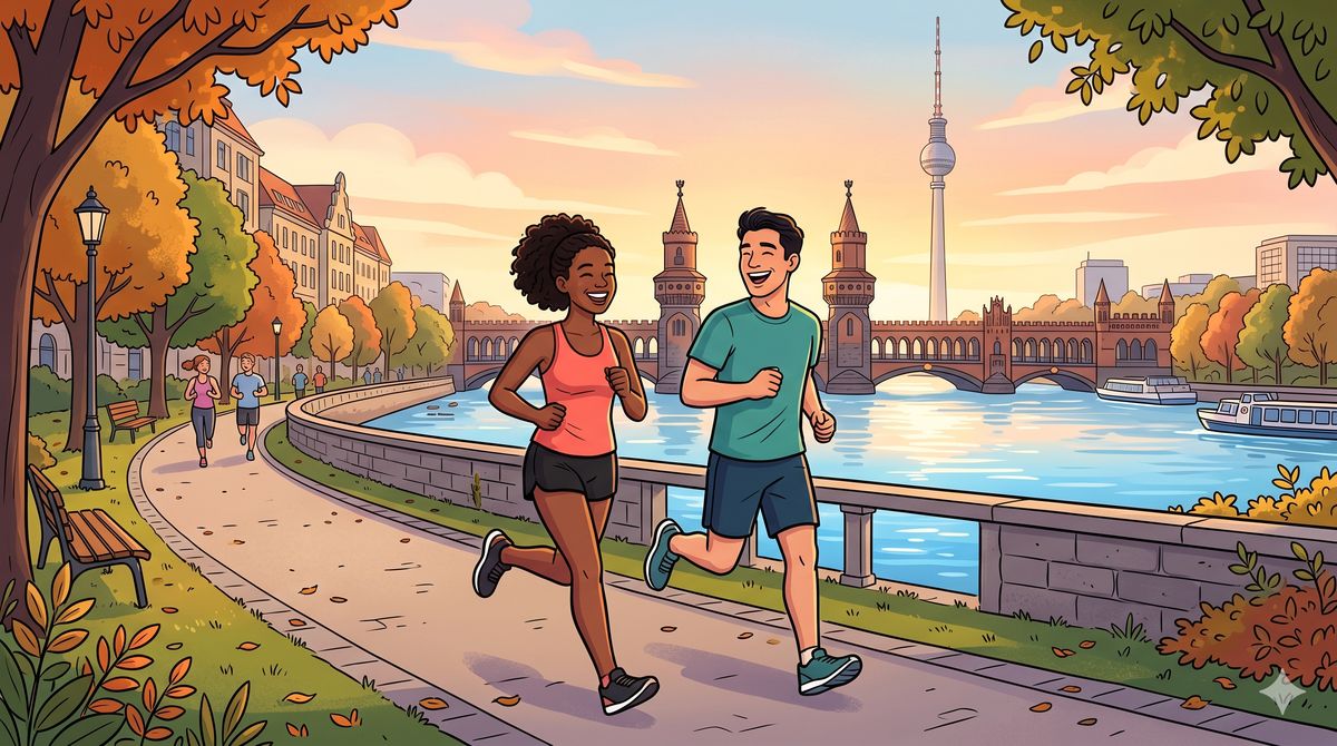 Running partner in Berlin: two friends jogging along the Spree by the Oberbaumbruecke